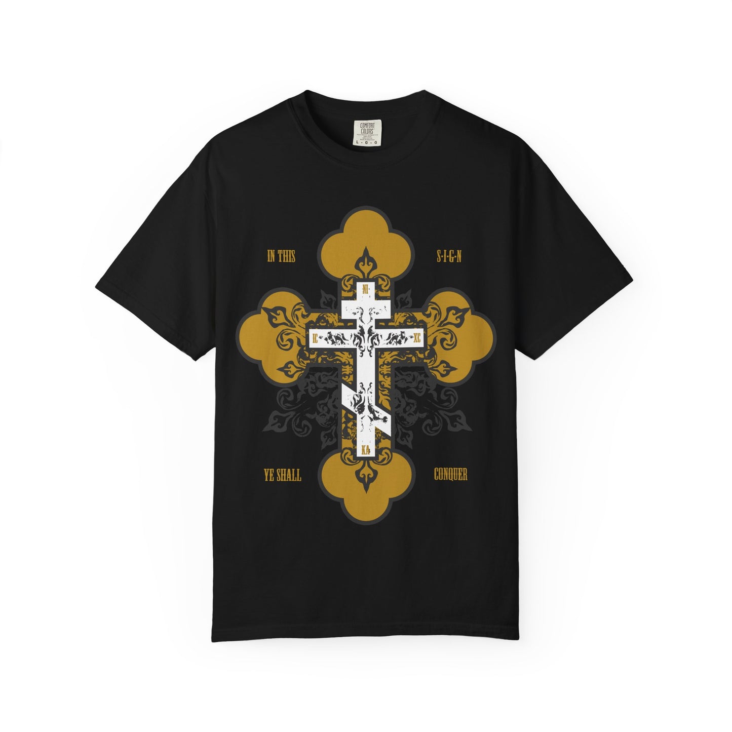 The "In This Sign Ye Shall Conquer | Gold & White Orthodox Ornate Cross | In Hoc Signo Vinces" heavyweight cotton unisex tee features a black color with an ornate white and gold cross, making it a bold Christian inspirational shirt inspired by timeless faith.