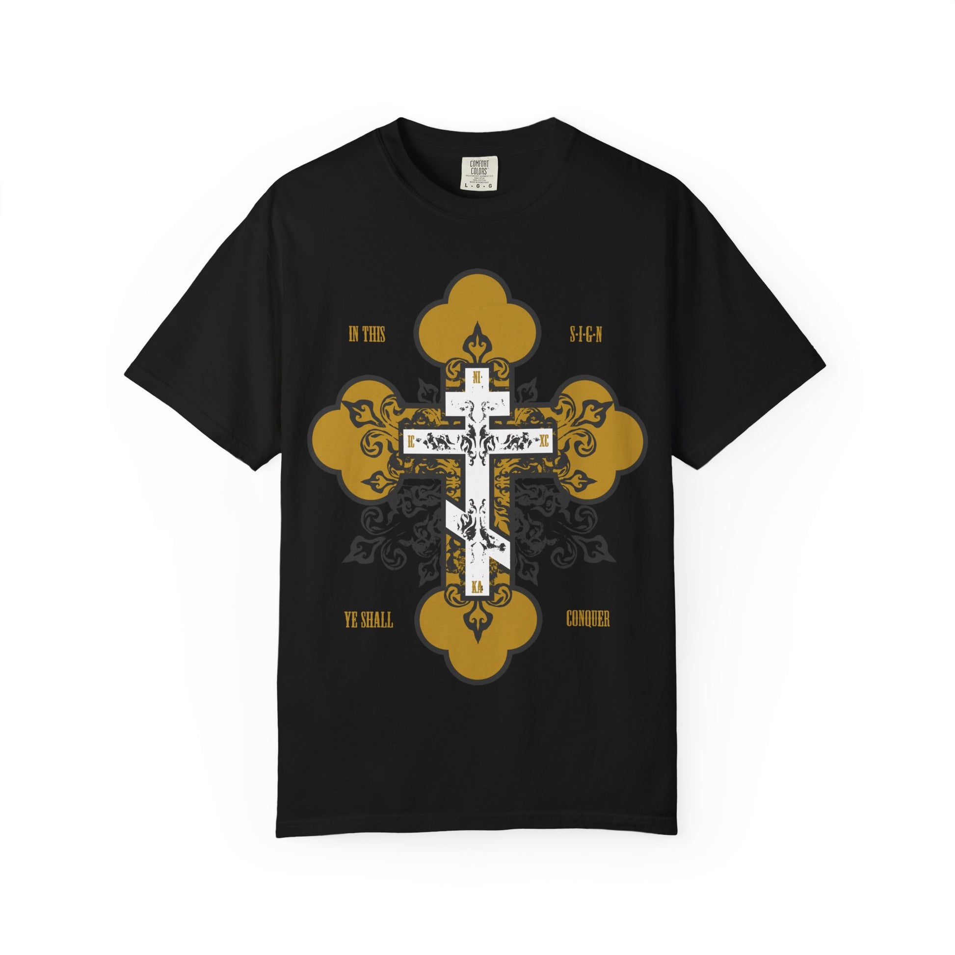 The "In This Sign Ye Shall Conquer | Gold & White Orthodox Ornate Cross | In Hoc Signo Vinces" heavyweight cotton unisex tee features a black color with an ornate white and gold cross, making it a bold Christian inspirational shirt inspired by timeless faith.