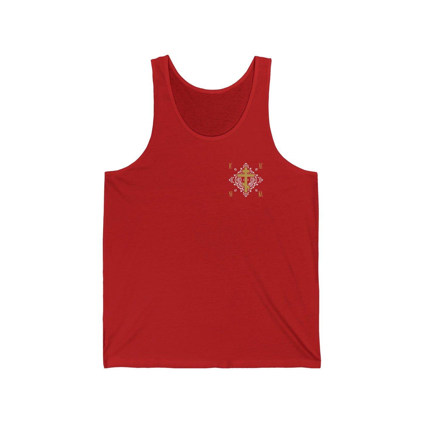 Gold Orthodox Cross ICXC NIKA  (Small Design) | White Medieval Ornate Floral Pattern | Jesus Christ Conquers | Orthodox Christian Tank Top