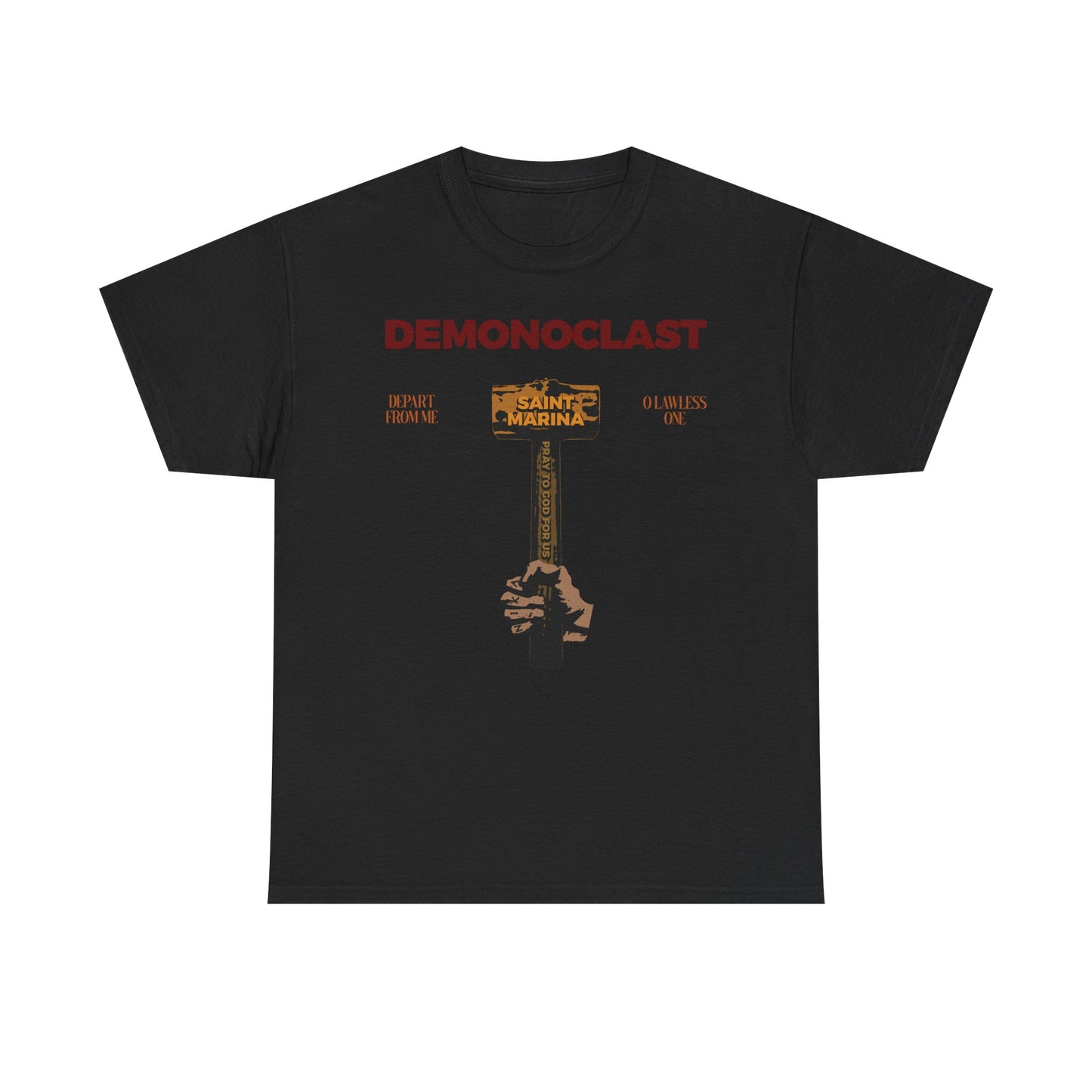Black Demonoclast tee featuring St. Marina’s Hammer, NIKA Fist, and Christ Conquers motifs—midweight cotton unisex Orthodox shirt inspired by her martyrdom and unseen warfare.