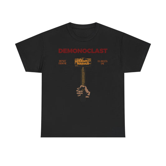 Black Demonoclast tee featuring St. Marina’s Hammer, NIKA Fist, and Christ Conquers motifs—midweight cotton unisex Orthodox shirt inspired by her martyrdom and unseen warfare.