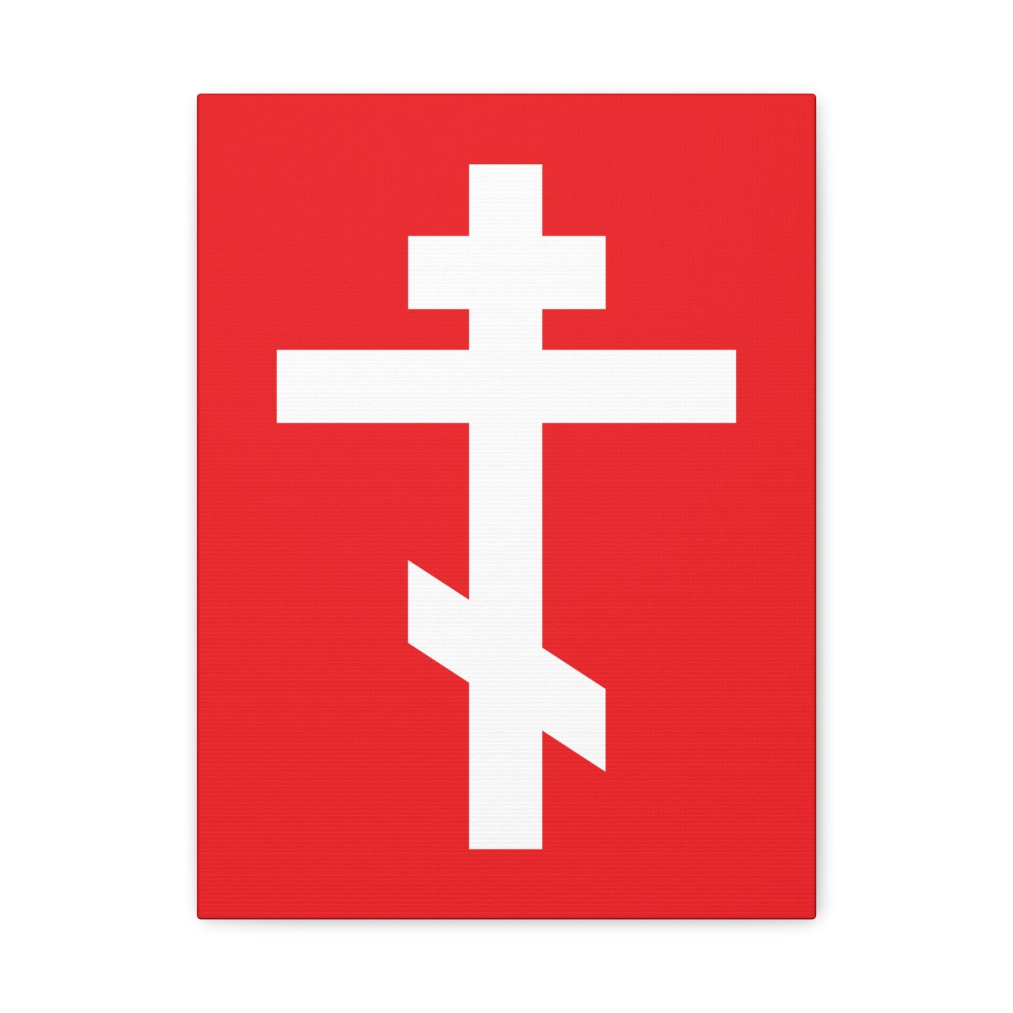 The "White Orthodox Cross Red Background" Orthodox Canvas Art displays a white cross on red, inspired by Galatians 6:14—"May I never boast, except in the cross of our Lord Jesus Christ.