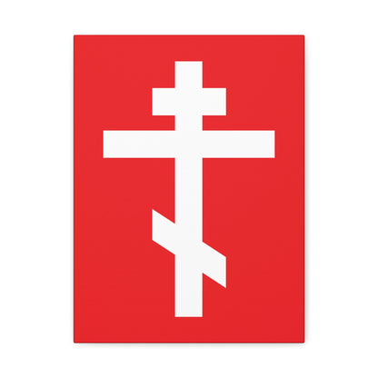 The "White Orthodox Cross Red Background" Orthodox Canvas Art displays a white cross on red, inspired by Galatians 6:14—"May I never boast, except in the cross of our Lord Jesus Christ.