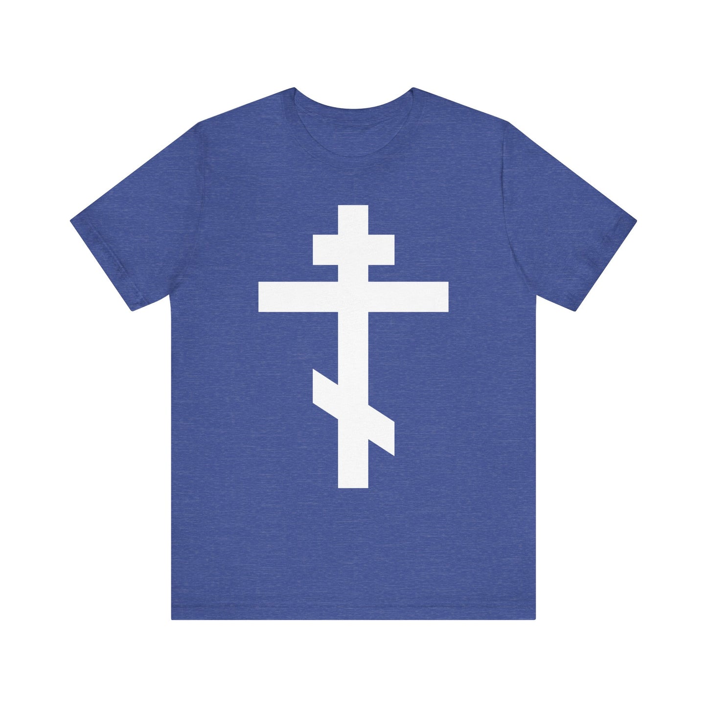 Heather True Royal tee featuring a large white Orthodox cross design on the front, inspired by the enduring message "By the power of Thy Cross do Thou preserve Thy people" and honoring the spiritual legacy of St. John of Kronstadt. Made from lightweight cotton in a unisex fit.