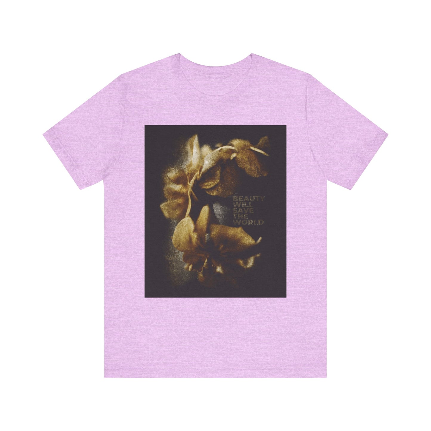 Heather Prism Lilac tee featuring “Beauty Will Save the World” and a sepia photo artwork honoring Jesus Christ, Universal Creator & King—a unique Dostoevsky-inspired addition to your collection.