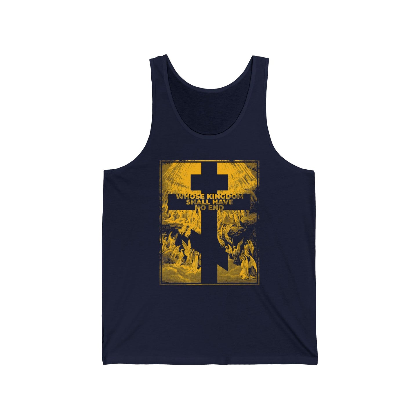 Navy tank top inspired by the Nicene Creed, featuring "Whose Kingdom Shall Have No End" with Gustave Doré etching art, a tribute to enduring Orthodox faith and revelation.