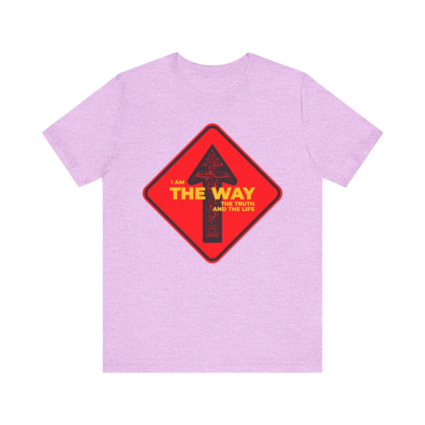 The "I Am the Way, the Truth and the Life" unisex tee in Heather Prism Lilac features a street sign one-way arrow crucifix design—a bold Orthodox Christian statement that Jesus is the way to life eternal. Lightweight cotton for comfort.