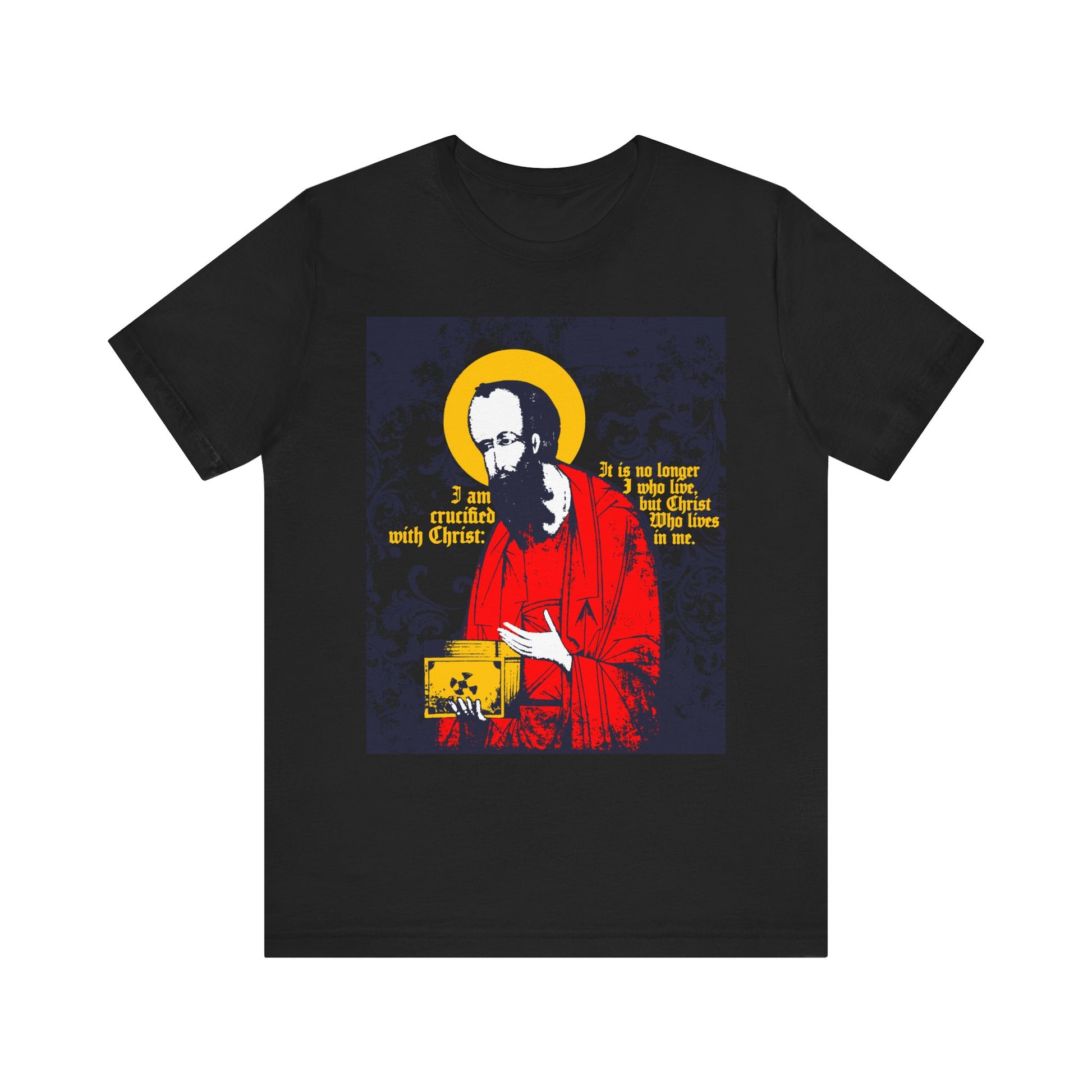 Express your faith and celebrate new life in Christ with this black unisex lightweight cotton tee, featuring an iconographic Saint Paul holding the Gospel and the words “I am crucified with Christ (Galatians 2:20)” in yellow—a perfect Orthodox Christian T-shirt.