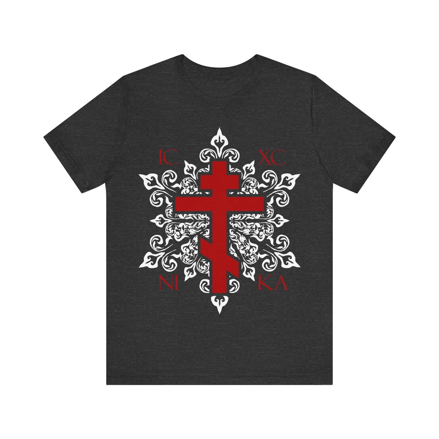 Dark Grey Heather unisex cotton tee featuring a red ICXC / NIKA Orthodox Cross on an ornate white medieval floral design—an exclusive, best-selling Christian t-shirt.