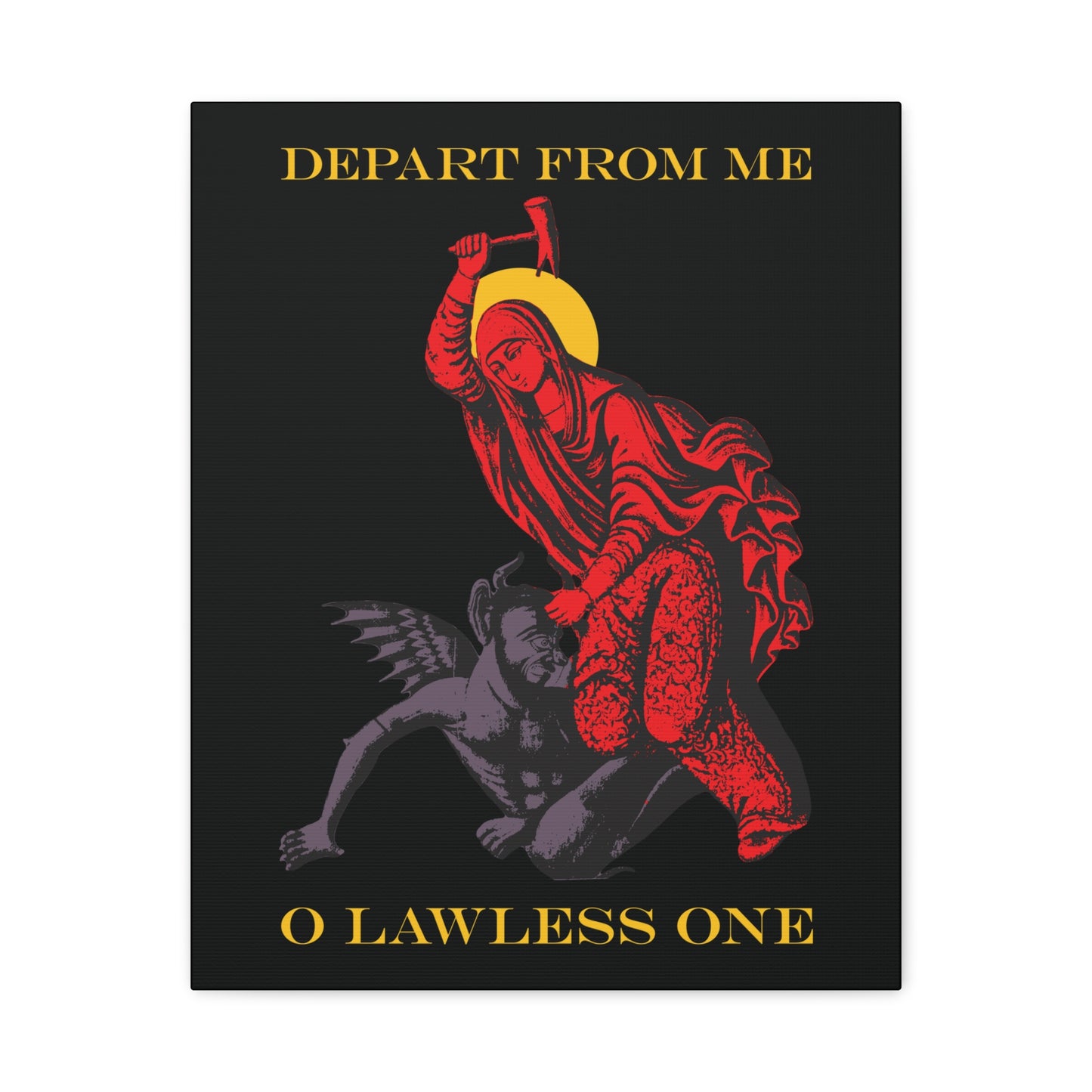 St Marina IconoGraphic (Depart from Me O Lawless One) | Saint Beating the Devil with a Hammer | Orthodox Christian Canvas Art