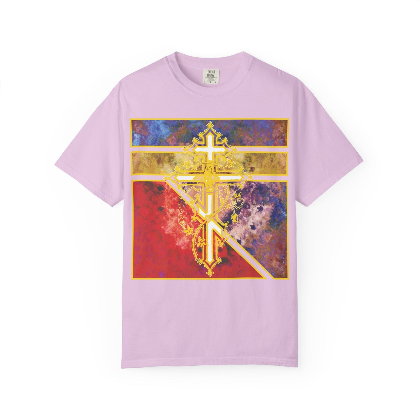 Orchid heavyweight cotton unisex T-shirt featuring an ornate Orthodox Cross with vine and a textured geometric pattern in red, purple, and yellow—design inspired by the Prayer to the Venerable Cross where demons perish.