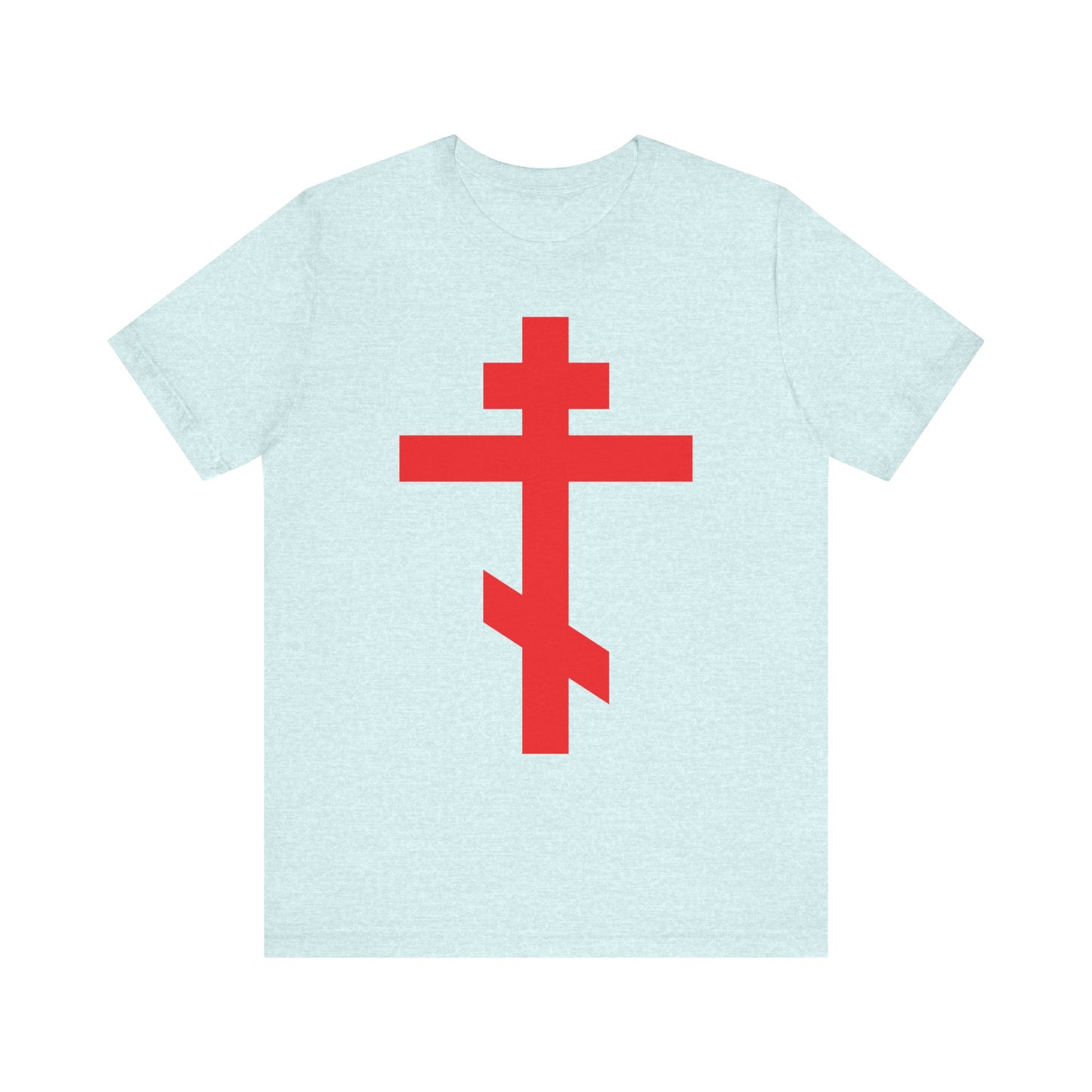 Heather Prism Ice Blue t-shirt featuring a bright red Orthodox Cross and "Preserve Thy People By Thy Cross, O Lord" design. Lightweight cotton, unisex fit.