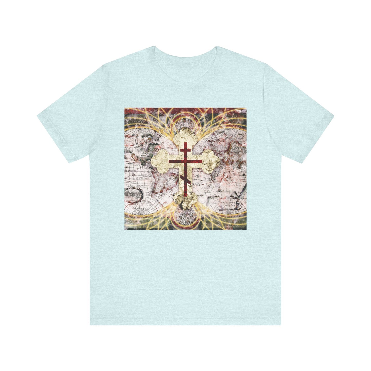 Heather Prism Ice Blue unisex tee featuring a red Orthodox cross on an antique map with glowing magnetic lines, inspired by Revelation 1:18 — "Conqueror of Death." Lightweight cotton, Orthodox Christian design.