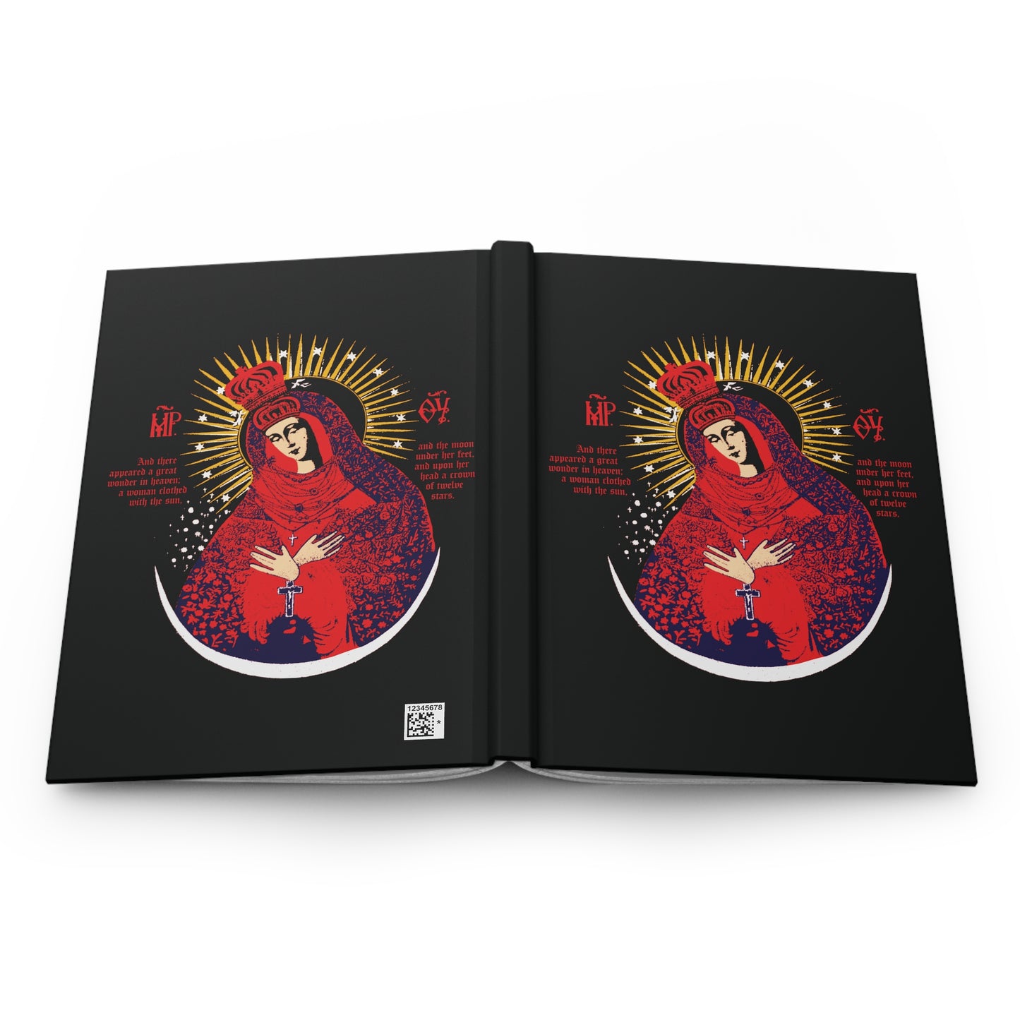 A black journal titled "Our Lady the Gate of Dawn Icono-Graphic" features a red, blue, and gold stylized Theotokos image on both covers, inspired by the Vilnius icon and Orthodox Christian tradition.
