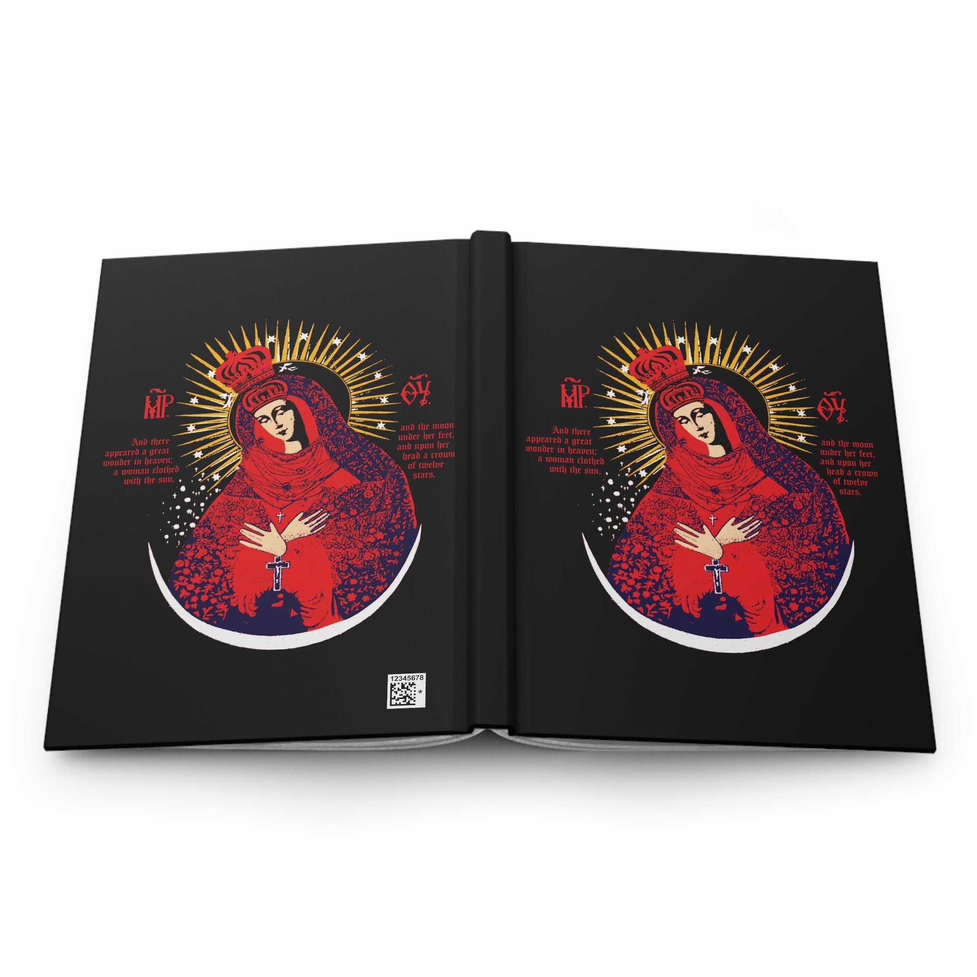 A black journal titled "Our Lady the Gate of Dawn Icono-Graphic" features a red, blue, and gold stylized Theotokos image on both covers, inspired by the Vilnius icon and Orthodox Christian tradition.