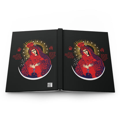 A black journal titled "Our Lady the Gate of Dawn Icono-Graphic" features a red, blue, and gold stylized Theotokos image on both covers, inspired by the Vilnius icon and Orthodox Christian tradition.