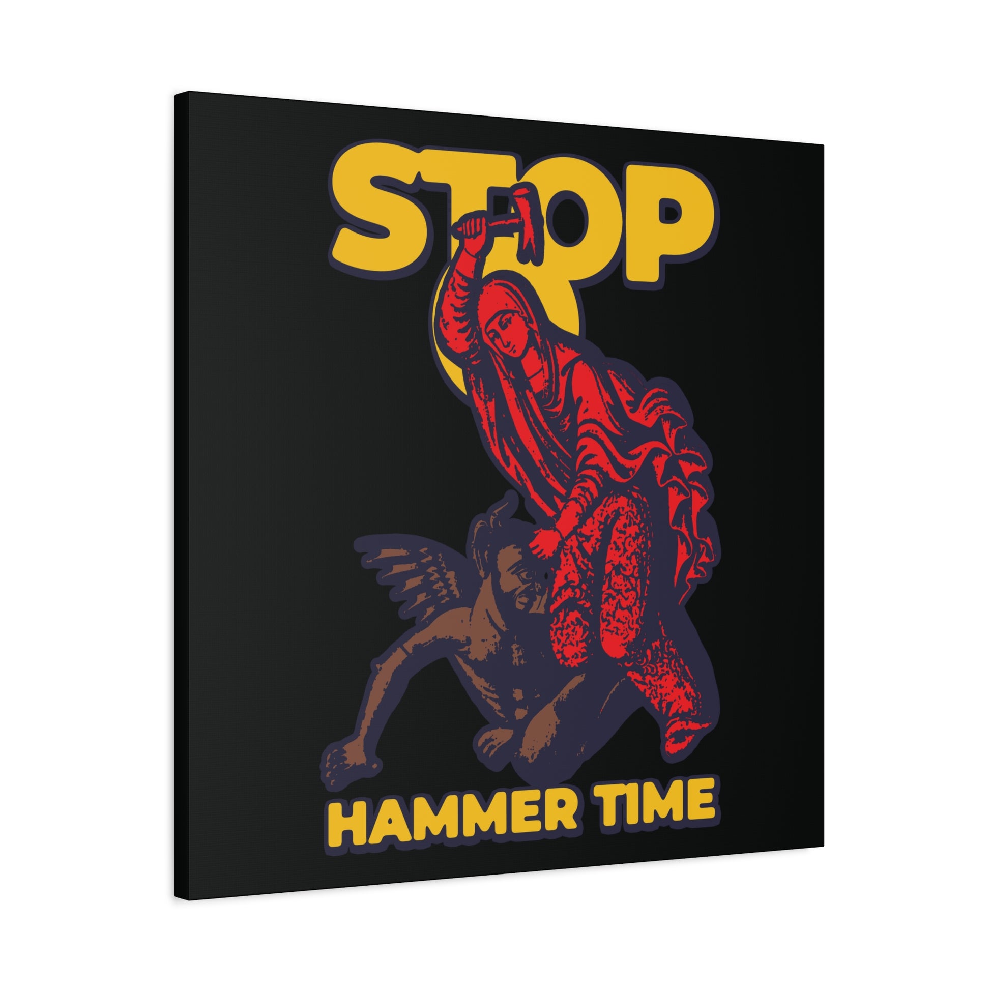 A modern Orthodox meme wall art: St Marina of Antioch beating the devil with a hammer, featuring bold red, blue, and yellow "Stop, Hammer Time" text—a playful take on the saint's legend in striking Christian decor.
