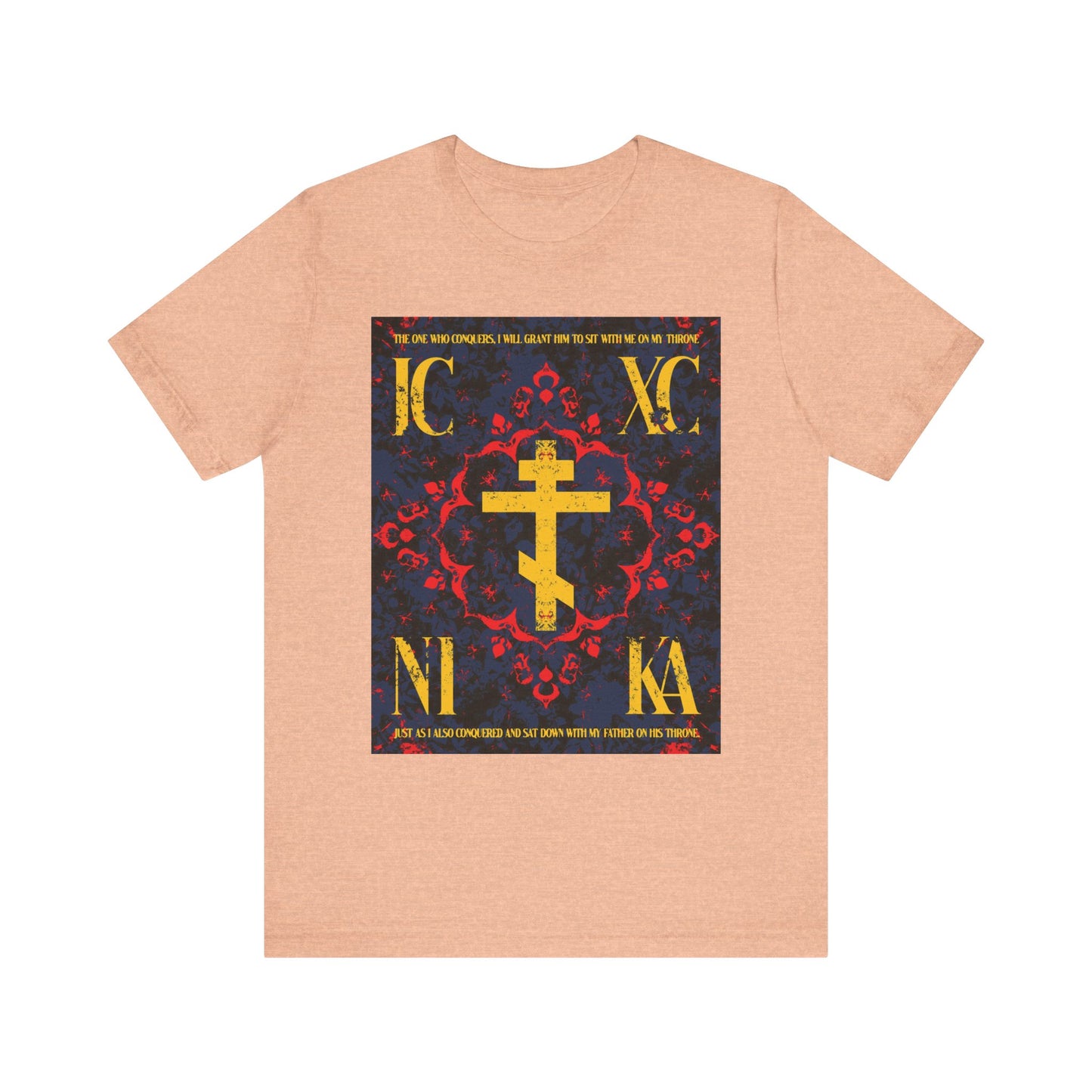 Heather Peach IC XC NIKA Orthodox Cross T-shirt with a medieval floral design and Cyrillic letters, symbolizing salvation through Christ—the One Who Conquers (Revelation 3:21). Lightweight unisex cotton.