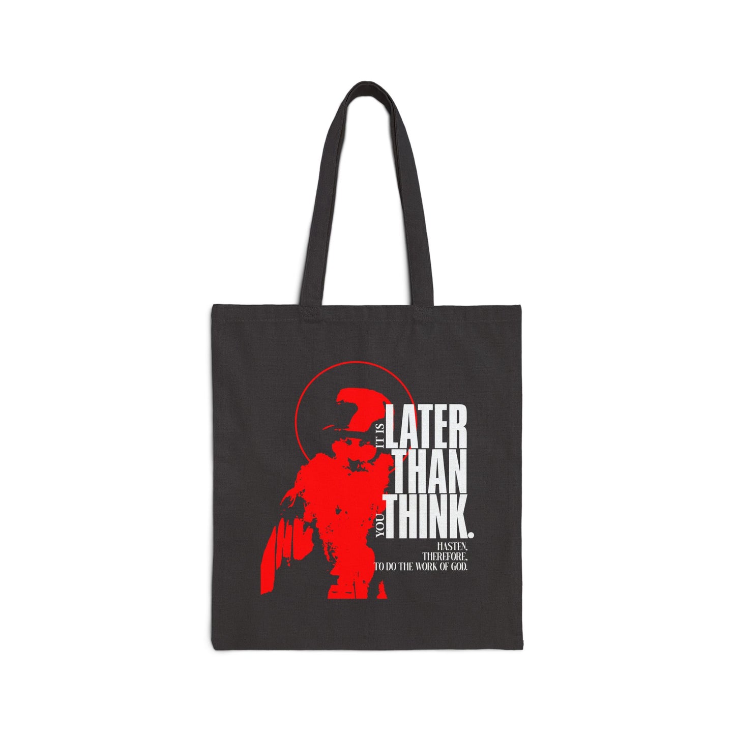 It's Later Than You Think | Seraphim Rose | Minimal Red Design with Halo | Apocalyptic Ethos | Christian Cotton Tote Bag