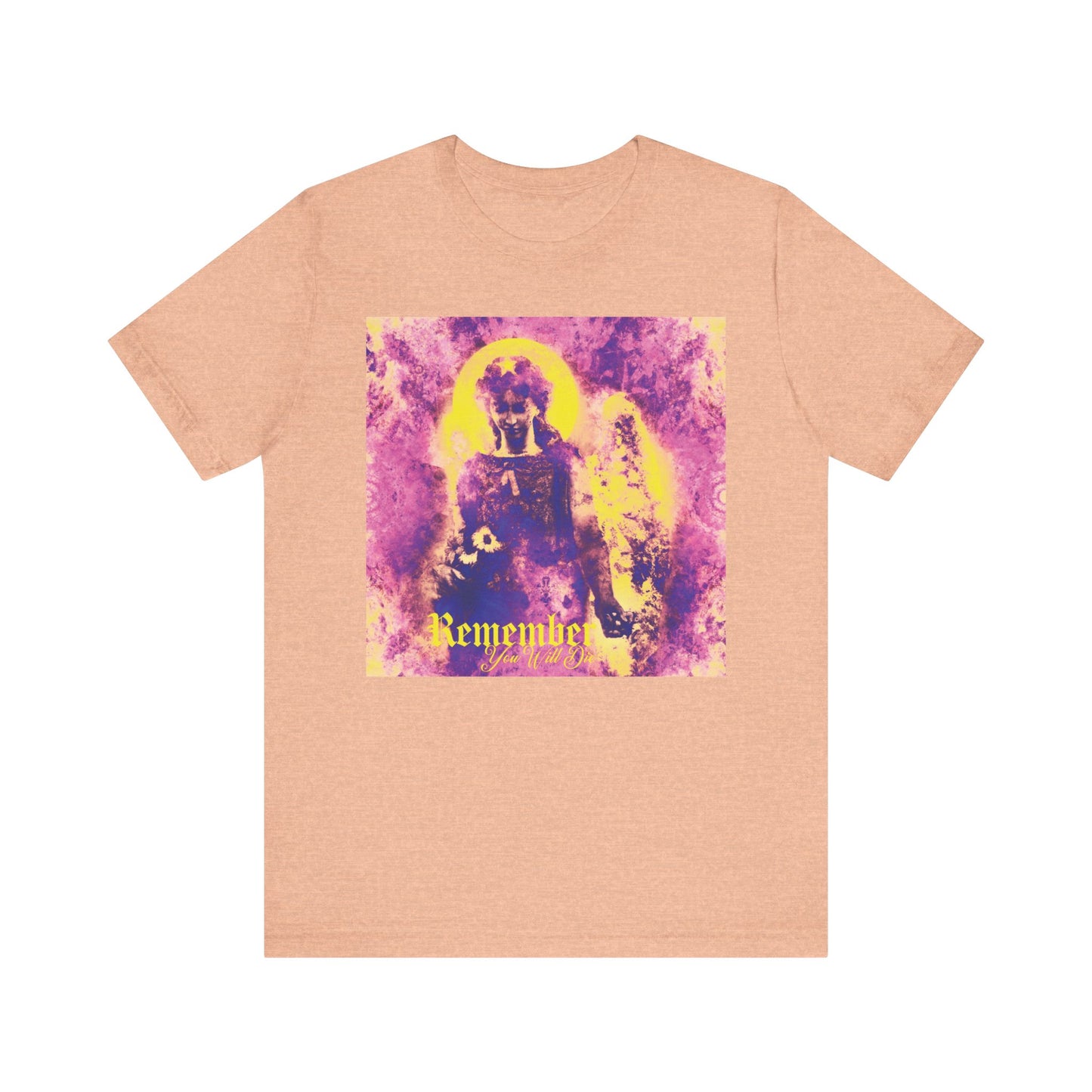 Heather peach t-shirt featuring a pastel goth psychedelic cemetery angel graphic and the phrase "Remember You Will Die" on the front.