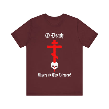 O Death Where is Thy Victory? 1 Cor 15:55 | Cross Stabbing Skull | Spraypaint Aesthetic | Orthodox Christian Cotton T-Shirt