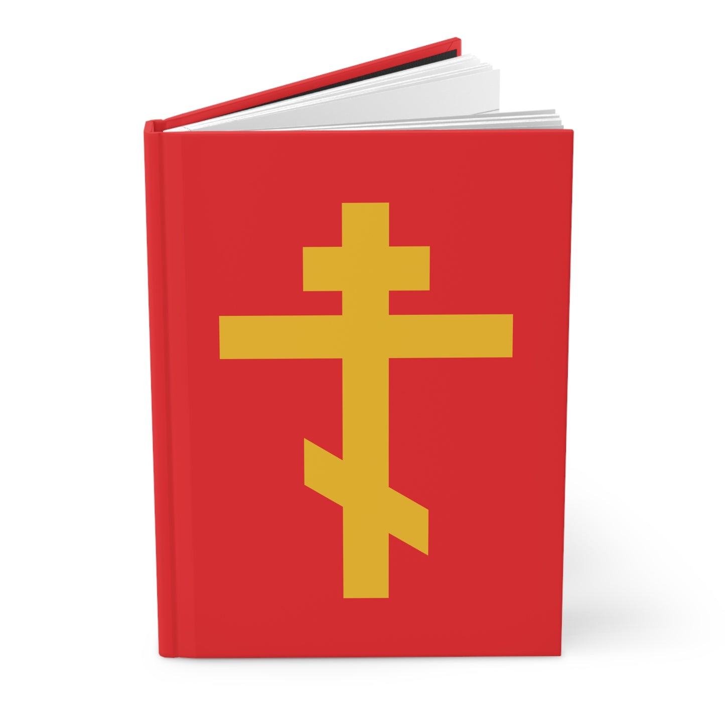 Yellow Orthodox Cross on a red background decorates this hardcover journal—“Precious and Life-Giving Weapon of Unseen Warfare; Scourge of Demons”—echoing Galatians 2:20: “crucified with Christ, and Christ lives in me.”.