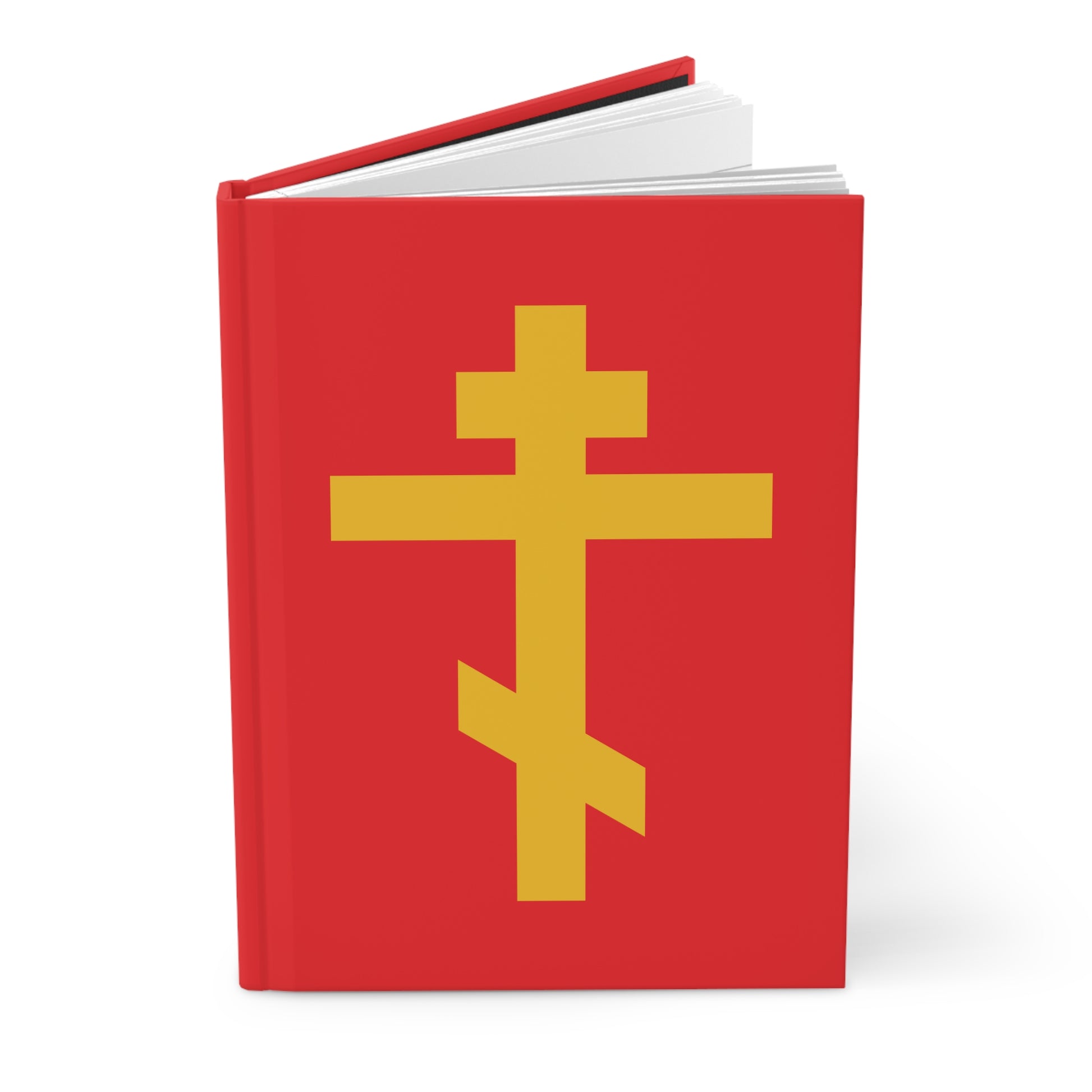 Yellow Orthodox Cross on a red background decorates this hardcover journal—“Precious and Life-Giving Weapon of Unseen Warfare; Scourge of Demons”—echoing Galatians 2:20: “crucified with Christ, and Christ lives in me.”.