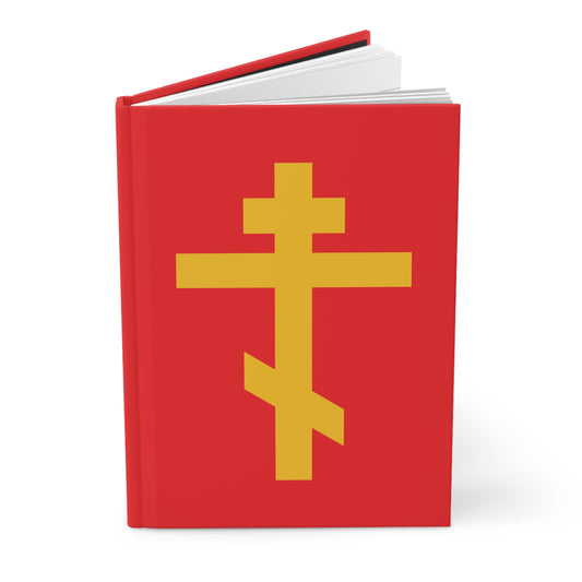 Yellow Orthodox Cross on a red background decorates this hardcover journal—“Precious and Life-Giving Weapon of Unseen Warfare; Scourge of Demons”—echoing Galatians 2:20: “crucified with Christ, and Christ lives in me.”.