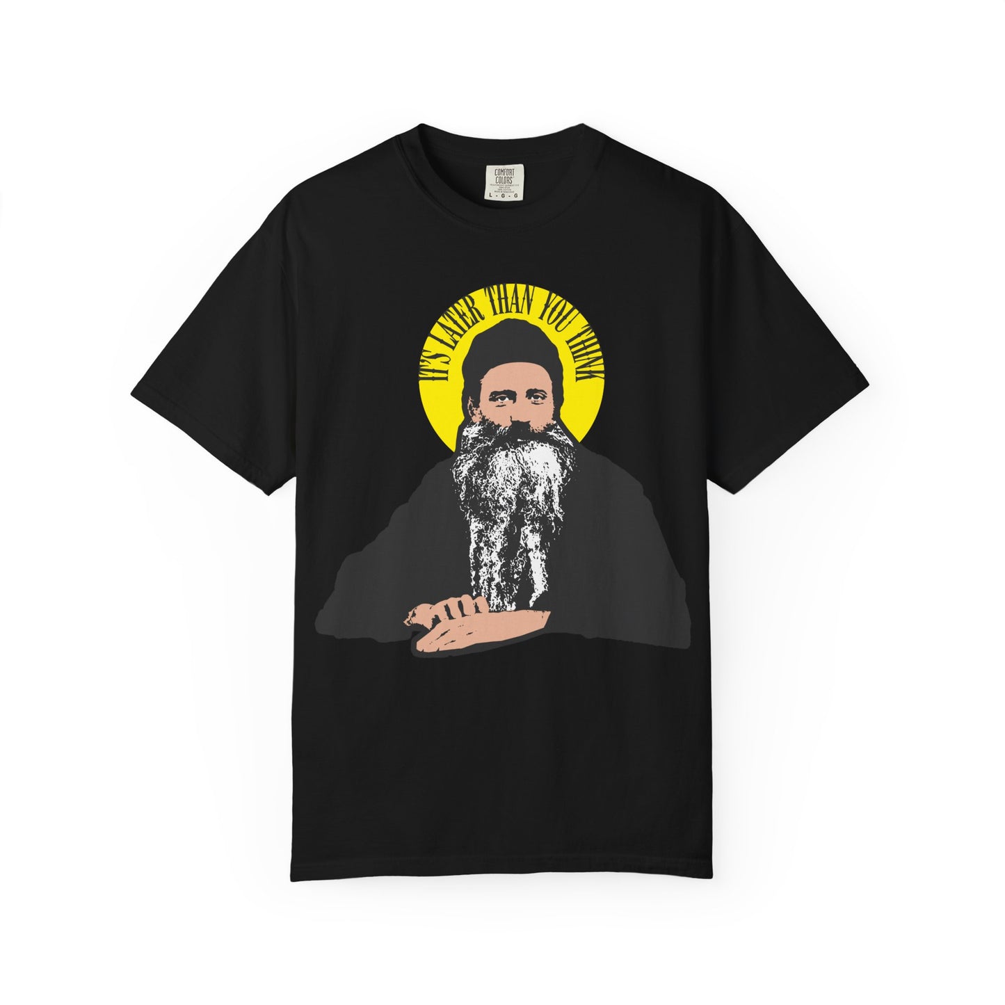 Black heavyweight cotton unisex tee featuring Fr Seraphim Rose’s quote “It’s Later Than You Think” in yellow halo, inspired by a modern American Orthodox saint.