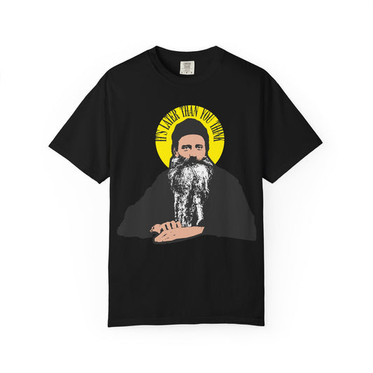 Black heavyweight cotton unisex tee featuring Fr Seraphim Rose’s quote “It’s Later Than You Think” in yellow halo, inspired by a modern American Orthodox saint.
