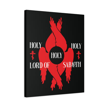 Red seraphim wings with "Holy Holy Holy Lord of Sabaoth," Orthodox crosses, and Isaiah 6:3 on black; inspired by the Divine Council and Christian art—Holy Holy Holy Lord of Sabaoth Red Seraphim Wings Canvas.