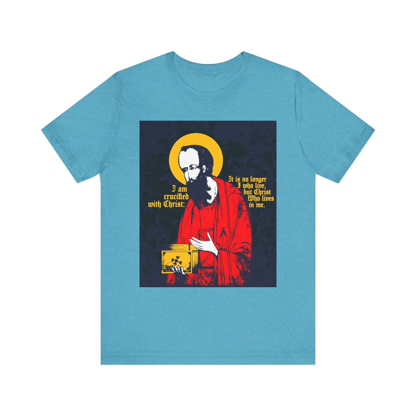 Heather Aqua unisex lightweight cotton tee featuring stylized iconographic artwork of St Paul holding the Gospel and the text "I am crucified with Christ" (Galatians 2:20) on the front, celebrating Orthodox Christian faith and inspiring new life in Christ.