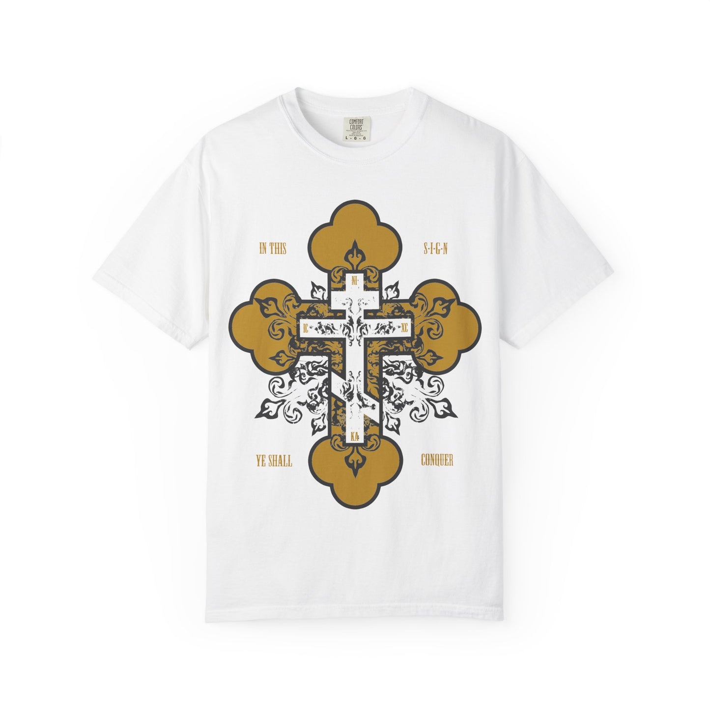 Show your faith in style with the "In This Sign Ye Shall Conquer | Gold & White Orthodox Ornate Cross | In Hoc Signo Vinces" heavyweight cotton unisex tee. This comfortable white shirt features a decorative gold and black ornate cross and the inspirational message “In This Sign Ye Shall Conquer,” making it a perfect choice for expressing your Christian beliefs.