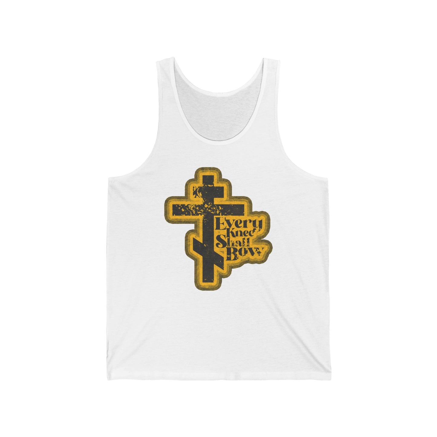 White tank top with a yellow and black cross graphic, "Every Knee Shall Bow," in a 70s distressed halftone comic book style. Inspired by Philippians 2:10-11 & Isaiah 45:23. Orthodox Christian apparel.