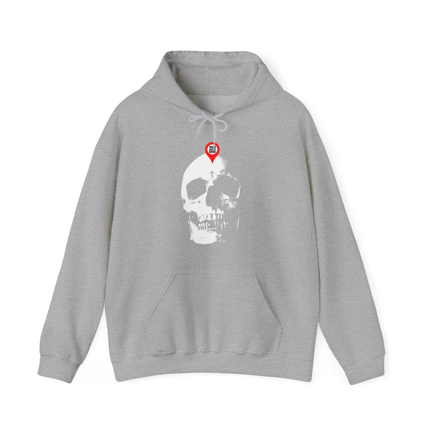 Sport grey hoodie with a bold white skull and red map marker design, inspired by "Memento Mori" and Orthodox Christian reflection: What You Are I Once Was—Remember You Will Die.