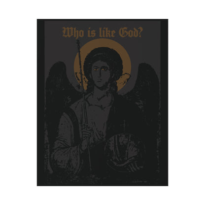 Dark image titled “Who Is Like God? Archangel Michael Icono-Graphic w/ Cross on Front Left Breast” features the revered guardian angel of Orthodox Christian tradition with a halo and staff. This black and bronze goth Christian art poster powerfully portrays Archangel Michael in a striking, iconographic style.