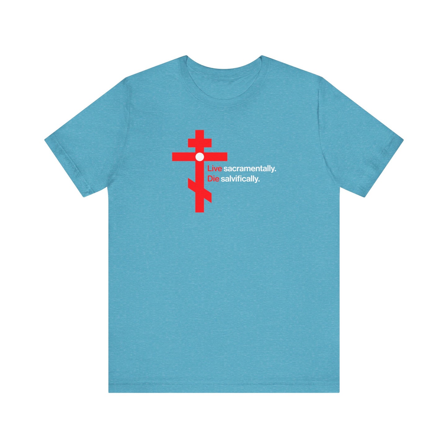 Heather Aqua unisex tee featuring a red Orthodox cross in a white circle and "Live sacramentally. Die salvifically." Inspired by St John Climacus, this lightweight cotton shirt reminds you: Remember You Will Die – Memento Mori.