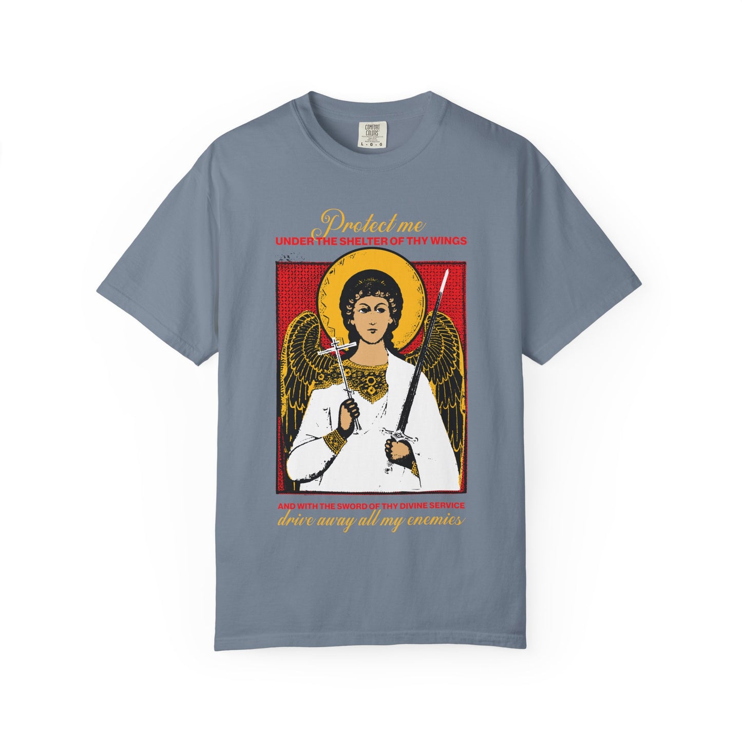 Holy Guardian Angel Holding Sword & Cross Icono-Graphic | Protection Prayer | Drive Away My Enemies | Heavyweight Cotton Unisex T-Shirt
