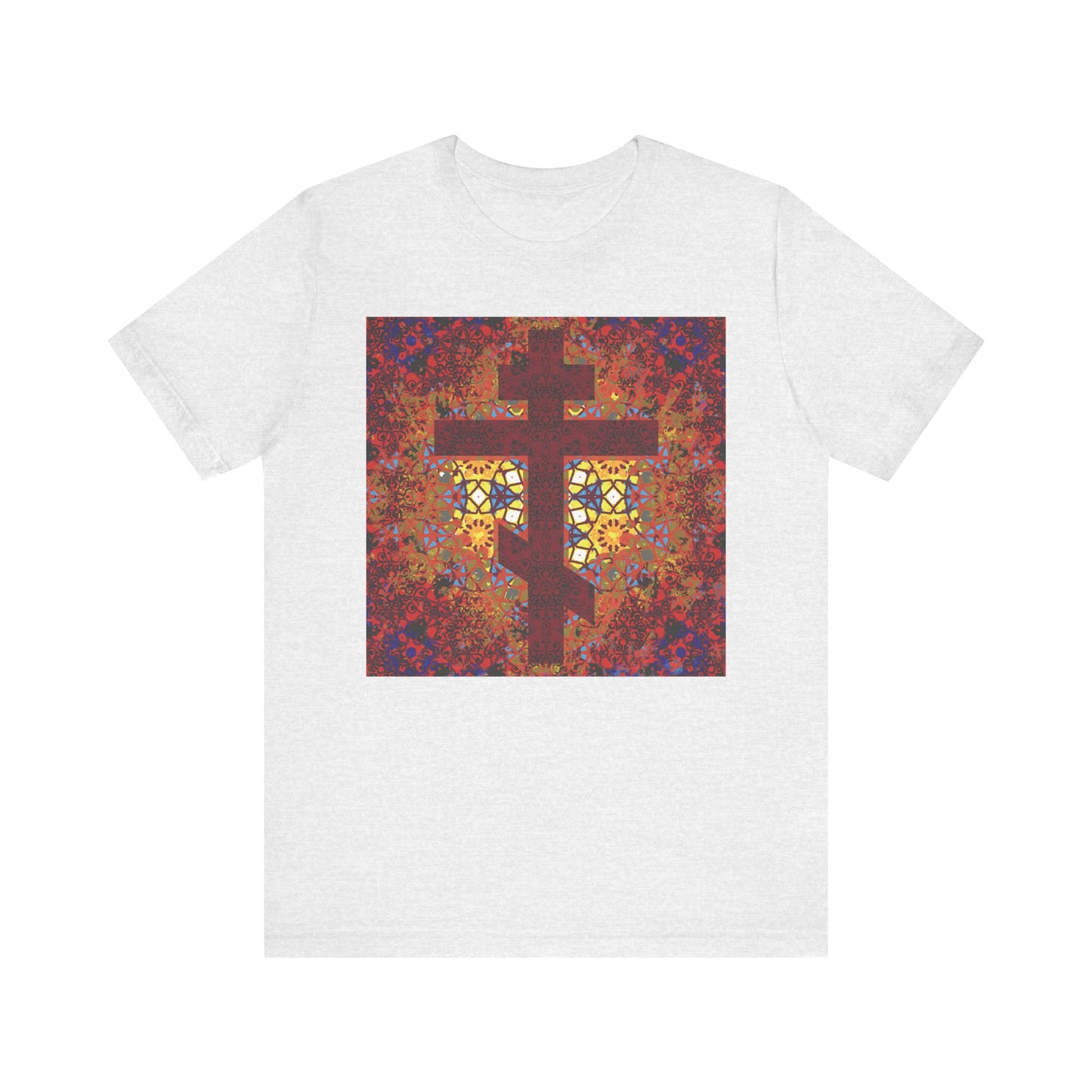 Ash-colored lightweight cotton unisex t-shirt featuring a geometrical pattern stained glass Orthodox cross design, paired with an inspirational quote from Elder Ambrose of Optina.