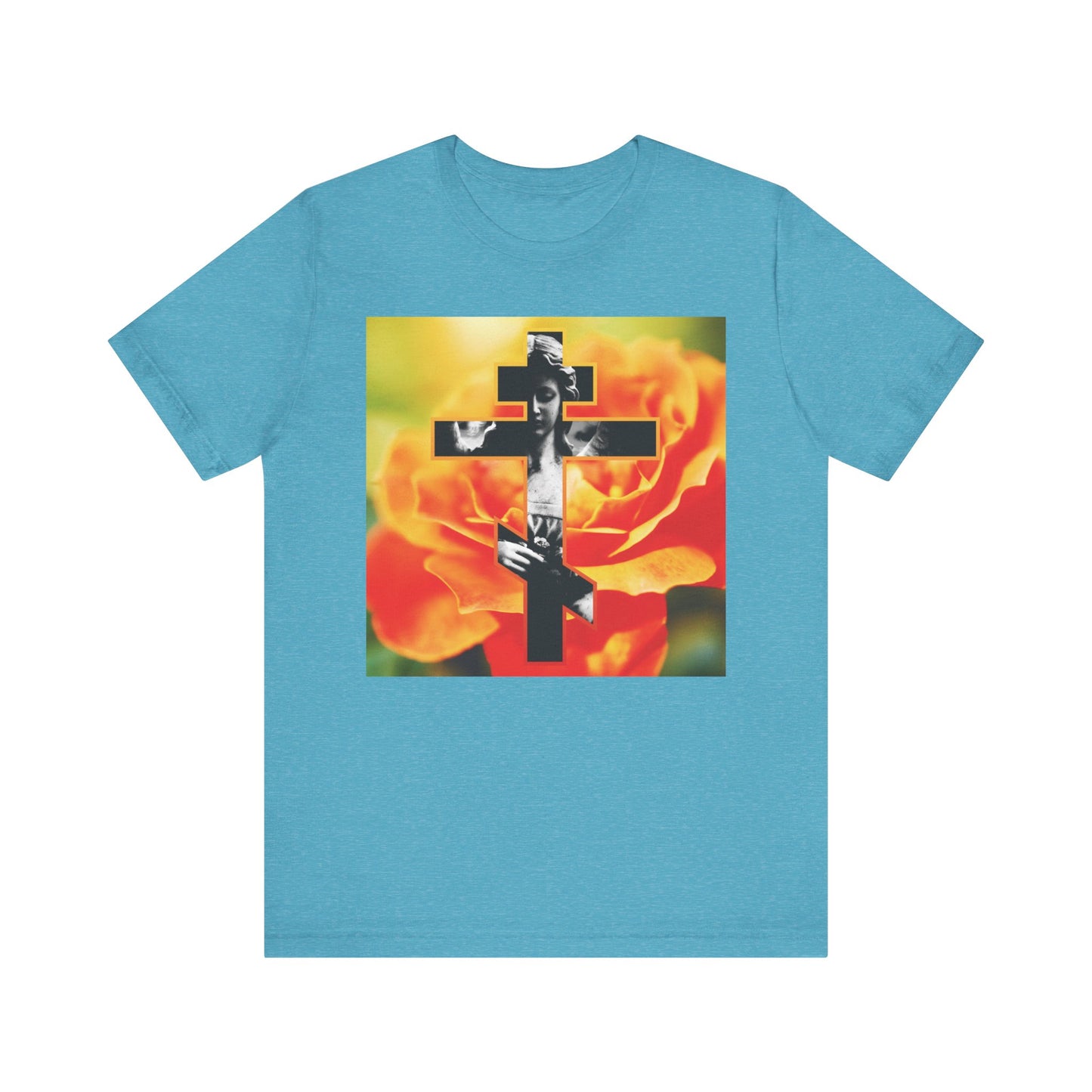 Heather Aqua tee featuring a cemetery statue angel cross on an orange rose, with the message "Remember You Will Die" (Memento Mori). Orthodox Christian lightweight cotton unisex shirt.