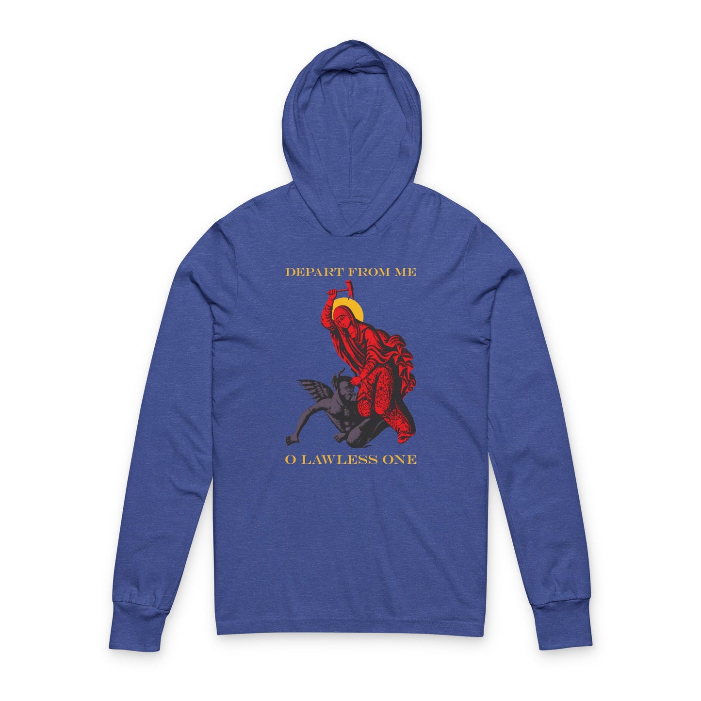 St Marina IconoGraphic (Depart from Me O Lawless One) | Saint Beating the Devil with a Hammer | Orthodox Long Sleeve Hooded Shirt