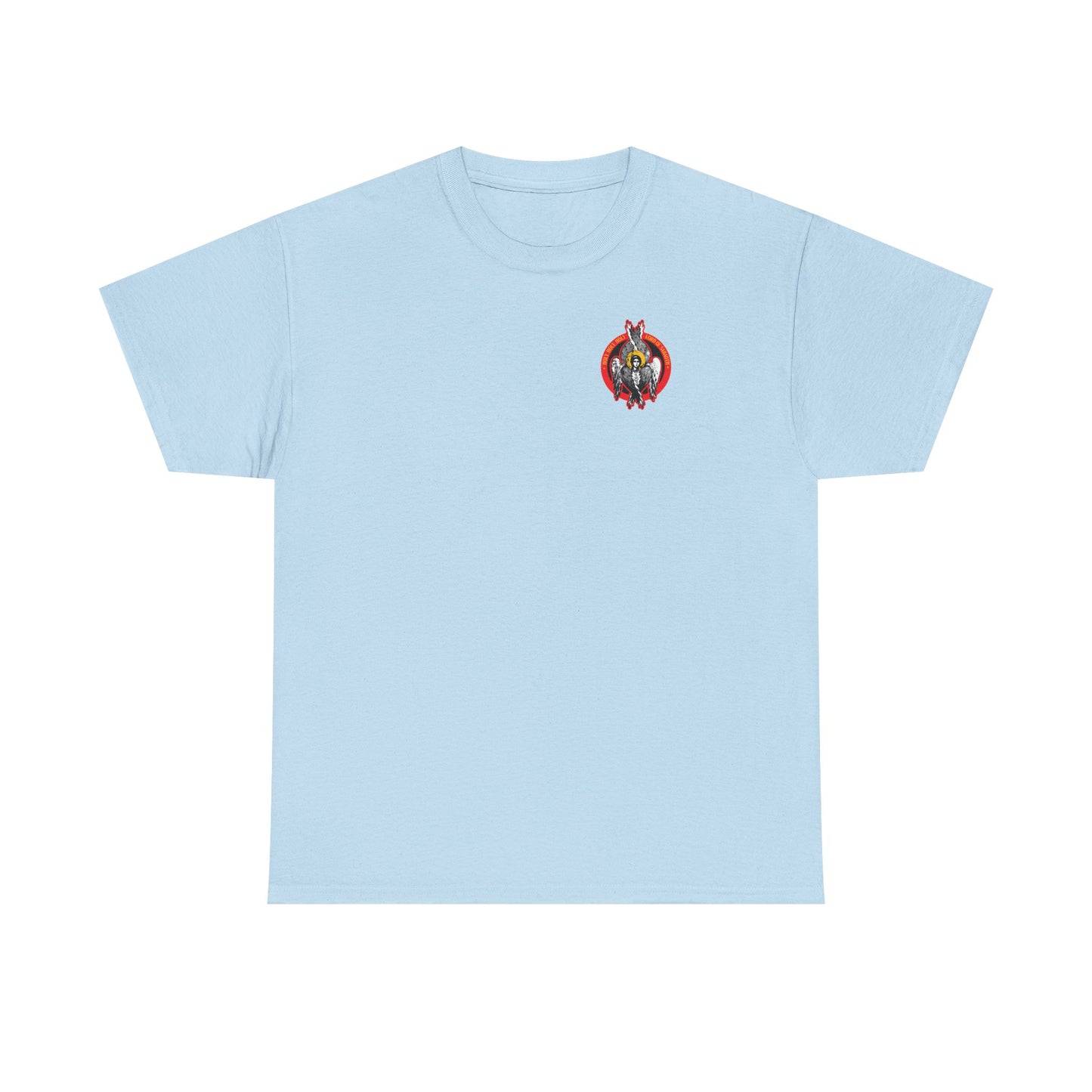 Light blue Holy Holy Holy Seraphim Angel Icono-Graphic T-shirt, featuring a small heavenly hosts design inspired by St John of Kronstadt, in midweight cotton unisex fit.