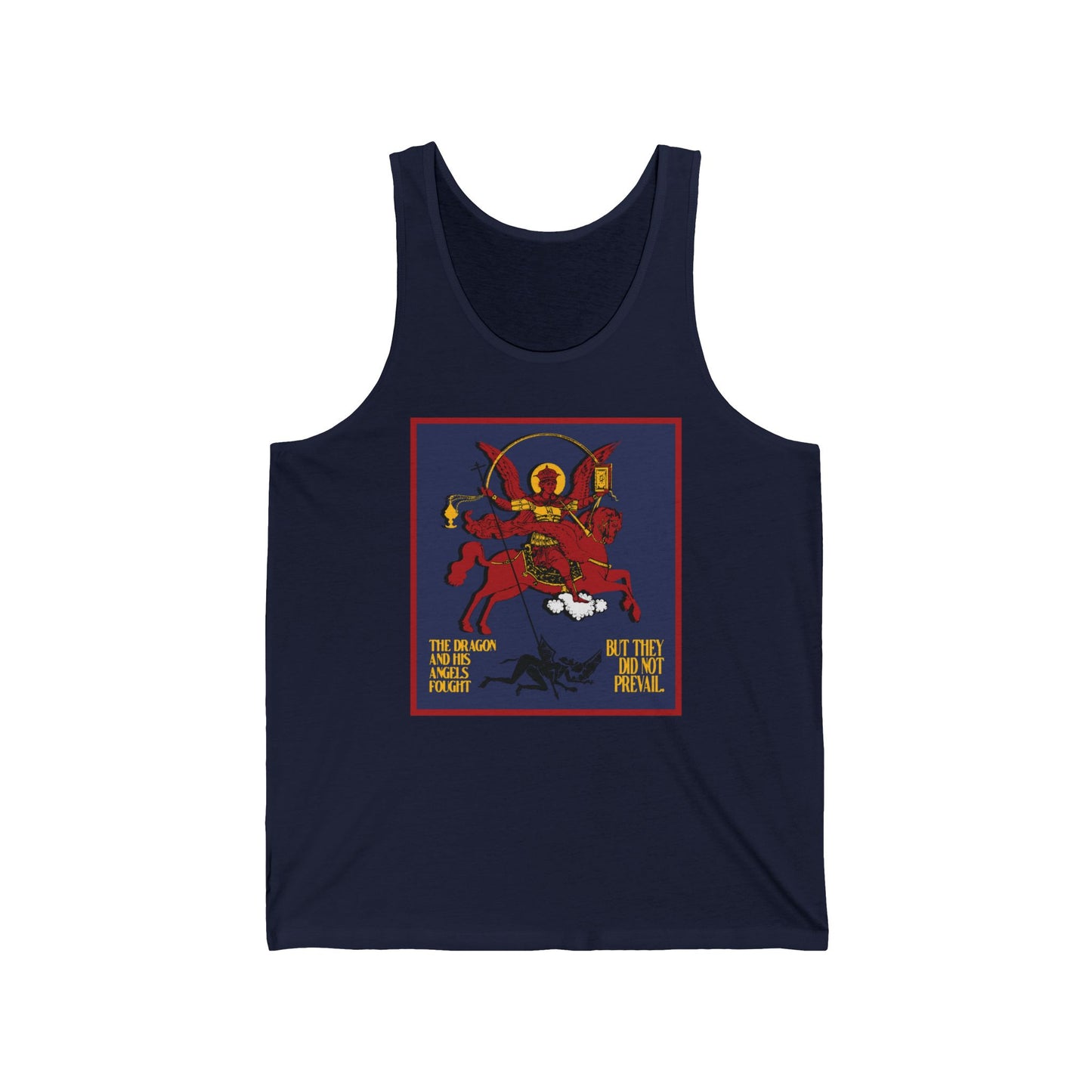Archangel Michael of the Apocalypse IconoGraphic (Revelation 12:7-8) | Red Angel and Horse on Blue Background | Orthodox Christian Jersey Tank Top / Sleeveless Shirt