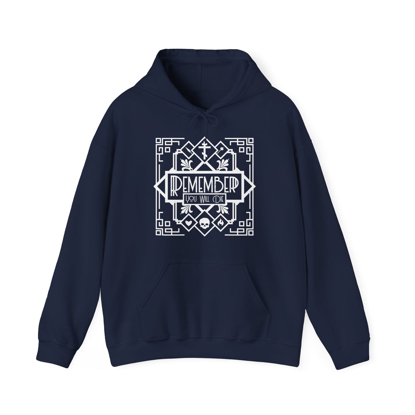 Navy "Remember You Will Die" hoodie featuring black and white Art Deco line art—skull, heart, fire—combining Memento Mori and Orthodox Christian themes for a reflective statement.