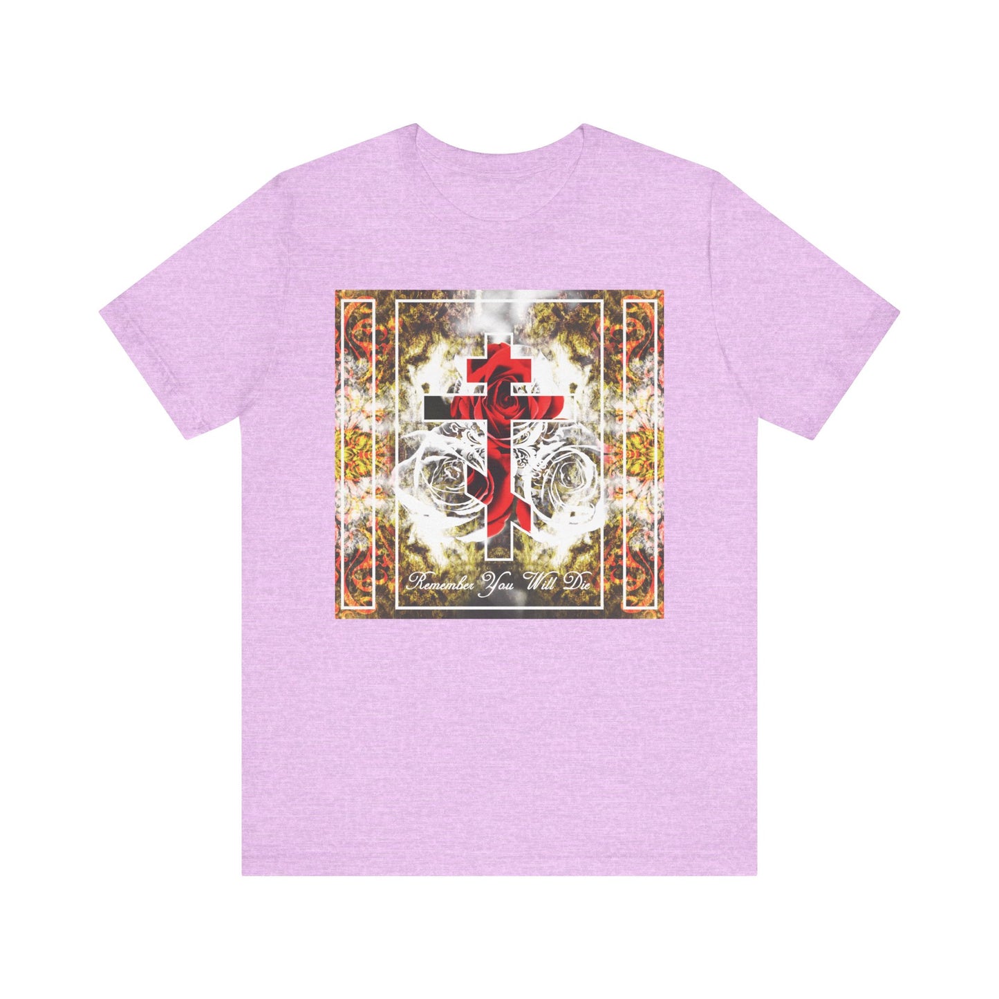 Introducing the "Remember You Will Die" unisex lightweight cotton tee in Heather Prism Lilac, featuring an ornate red Orthodox cross with roses and a floral texture. The elegant "Memento Mori"–inspired design is paired with sophisticated font artwork beneath the graphic, all on soft cotton for comfortable, all-day wear.