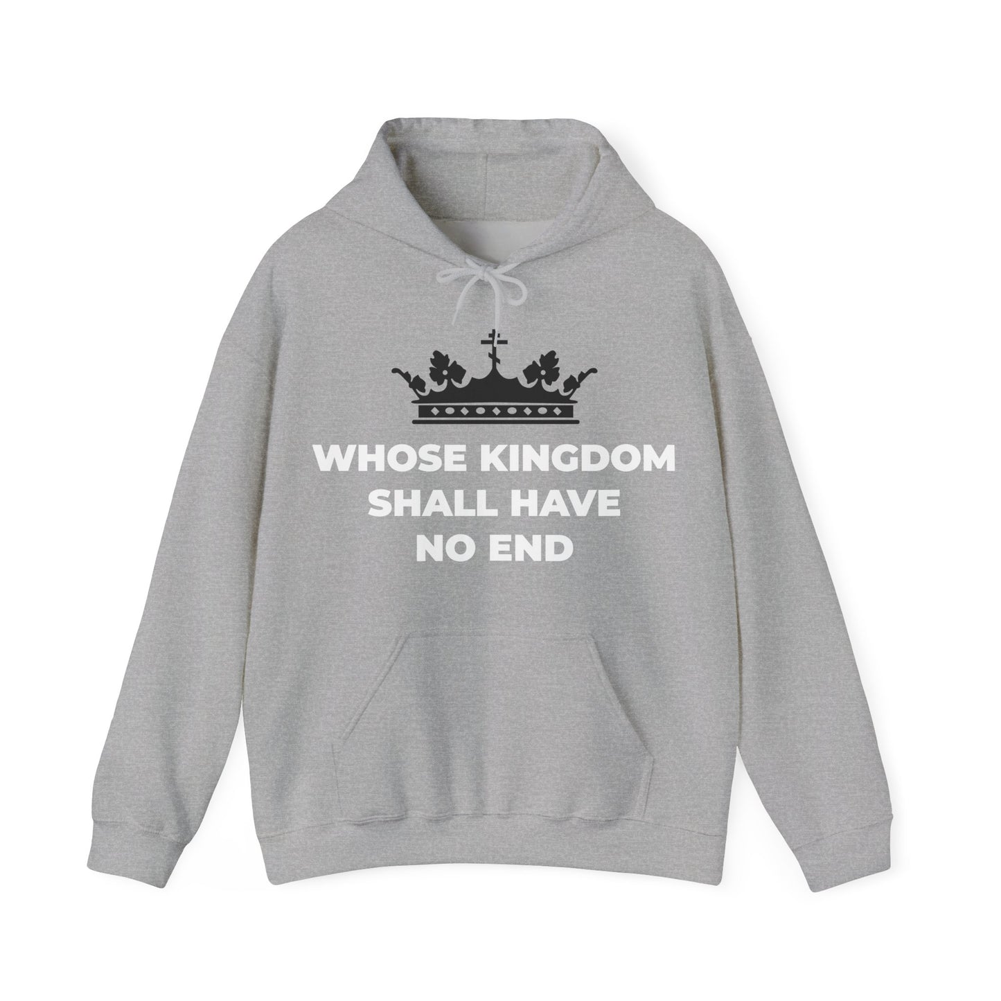 Sport Grey hoodie featuring a red Orthodox cross crown and "Whose Kingdom Shall Have No End"—inspired by the Nicene Creed and Christian eschatology, celebrating the eternal reign of Jesus Christ.