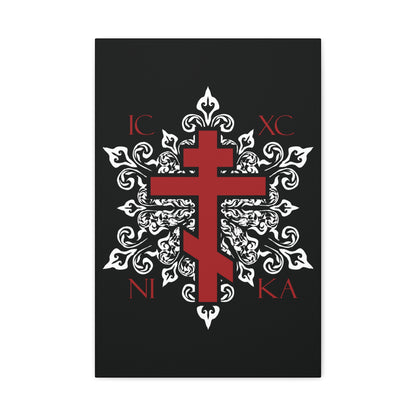 ICXC / NIKA Red Orthodox Cross on Ornate White Medieval Floral Design | Exclusive Best-Selling | Orthodox Christian Canvas Art