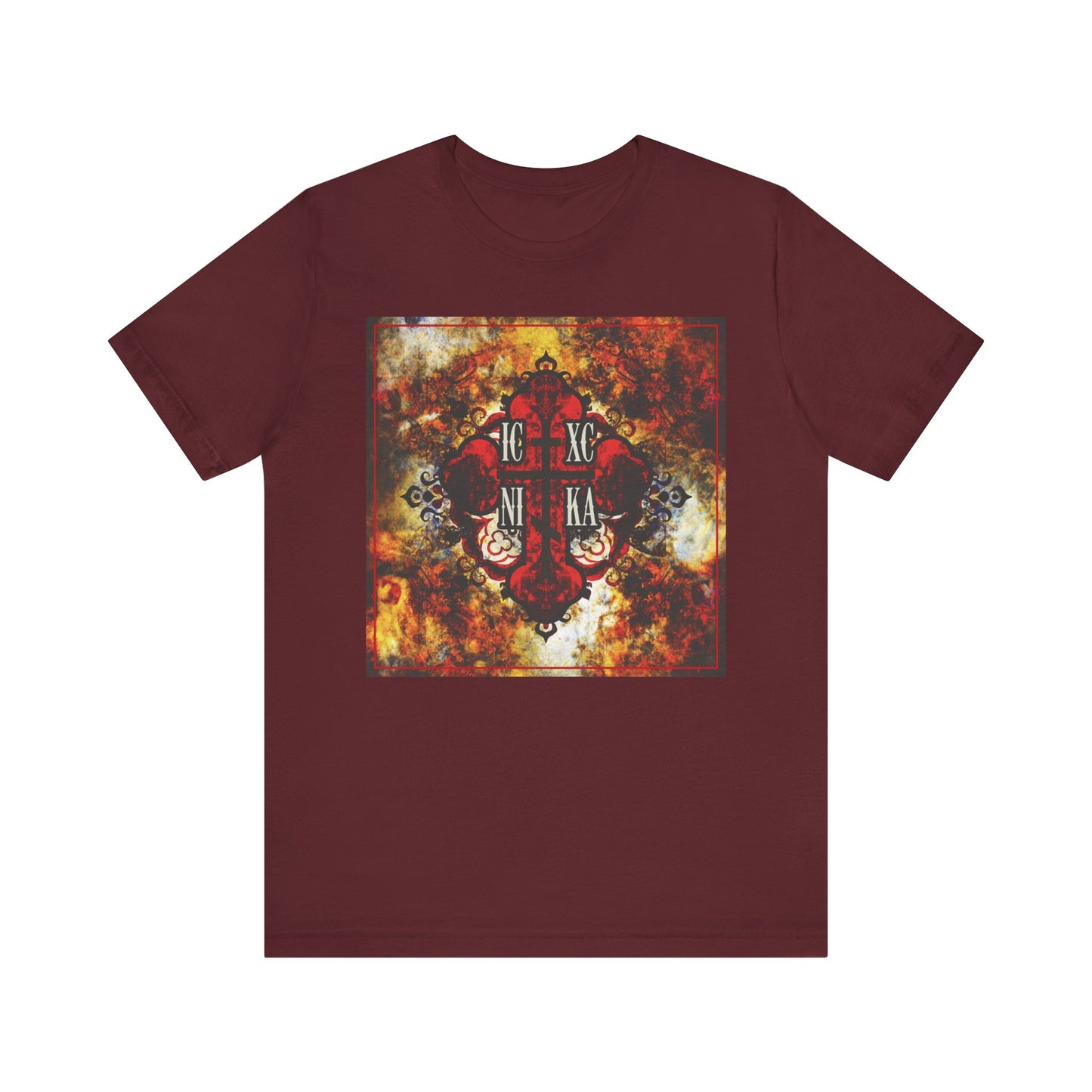 Maroon ICXC NIKA Bold Colorful Textured Red Orthodox Cross Christian lightweight cotton unisex tee, featuring a striking graphic of an ornate red Orthodox cross with religious symbols on a vibrant abstract background—drawing inspiration from the wisdom of St Ambrose of Optina and the call to keep Jesus in your heart.