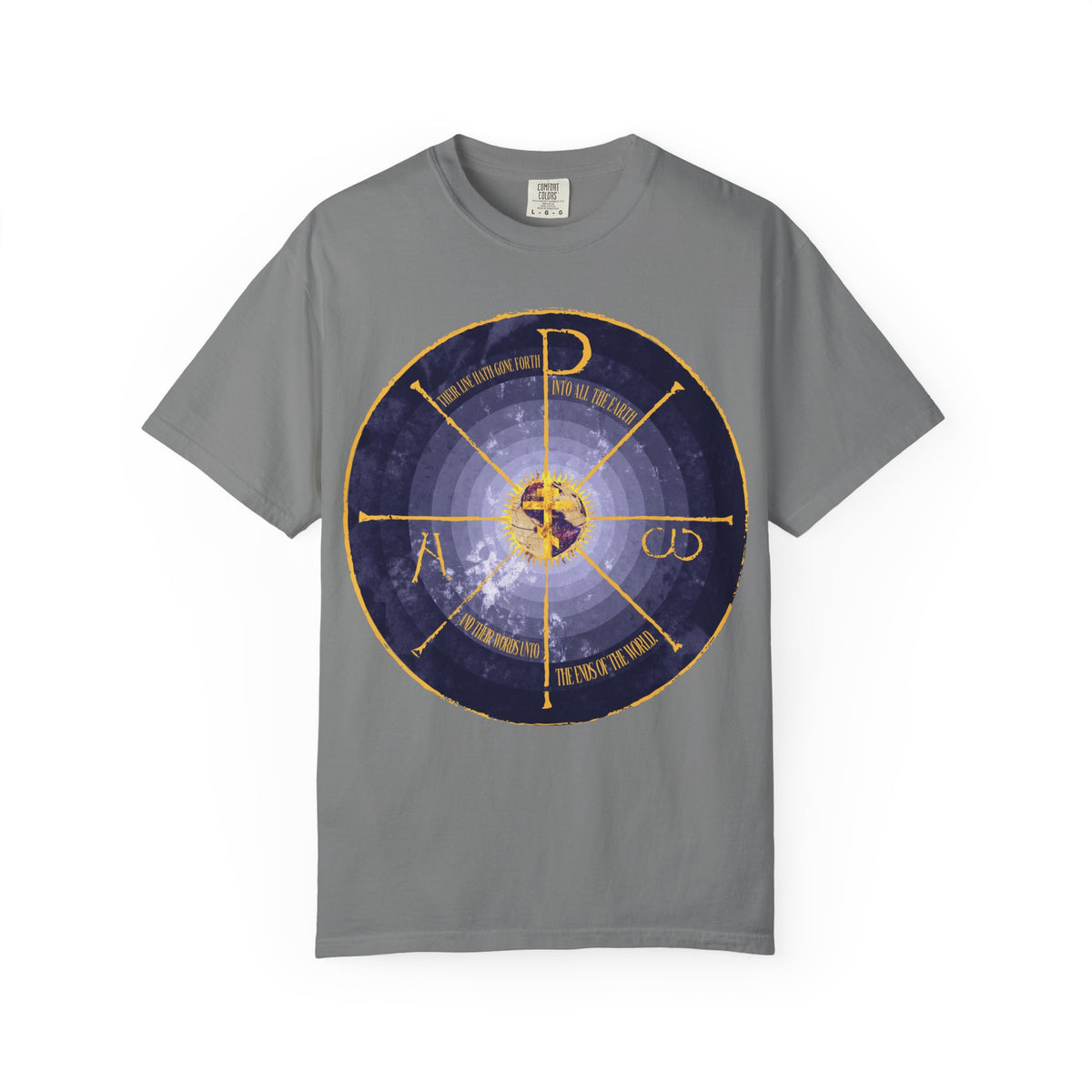 Geocentric Cross & Chi Rho heavyweight cotton unisex tee in grey, featuring a medieval-style blue and yellow circular graphic with symbols like the Chi Rho and gold Alpha & Omega text.