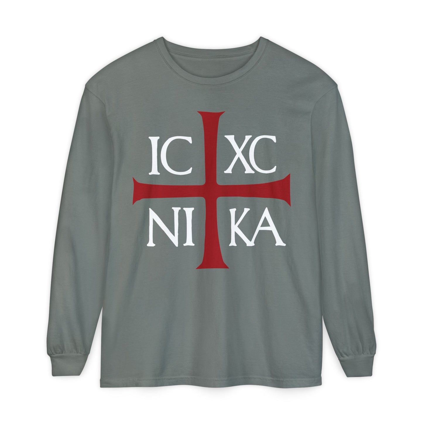 The "ICXC NIKA Means Jesus Christ Conquers" long sleeve in grey features a red cross and white ancient Byzantine Christogram, inspired by Orthodox Christian tradition and Romans 8:31-39.